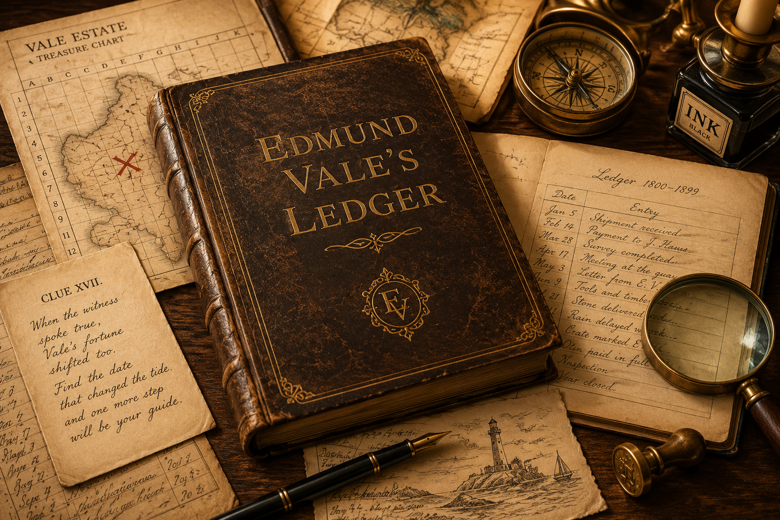 Vintage ledger, treasure map and clue papers for Edmund Vale’s Ledger